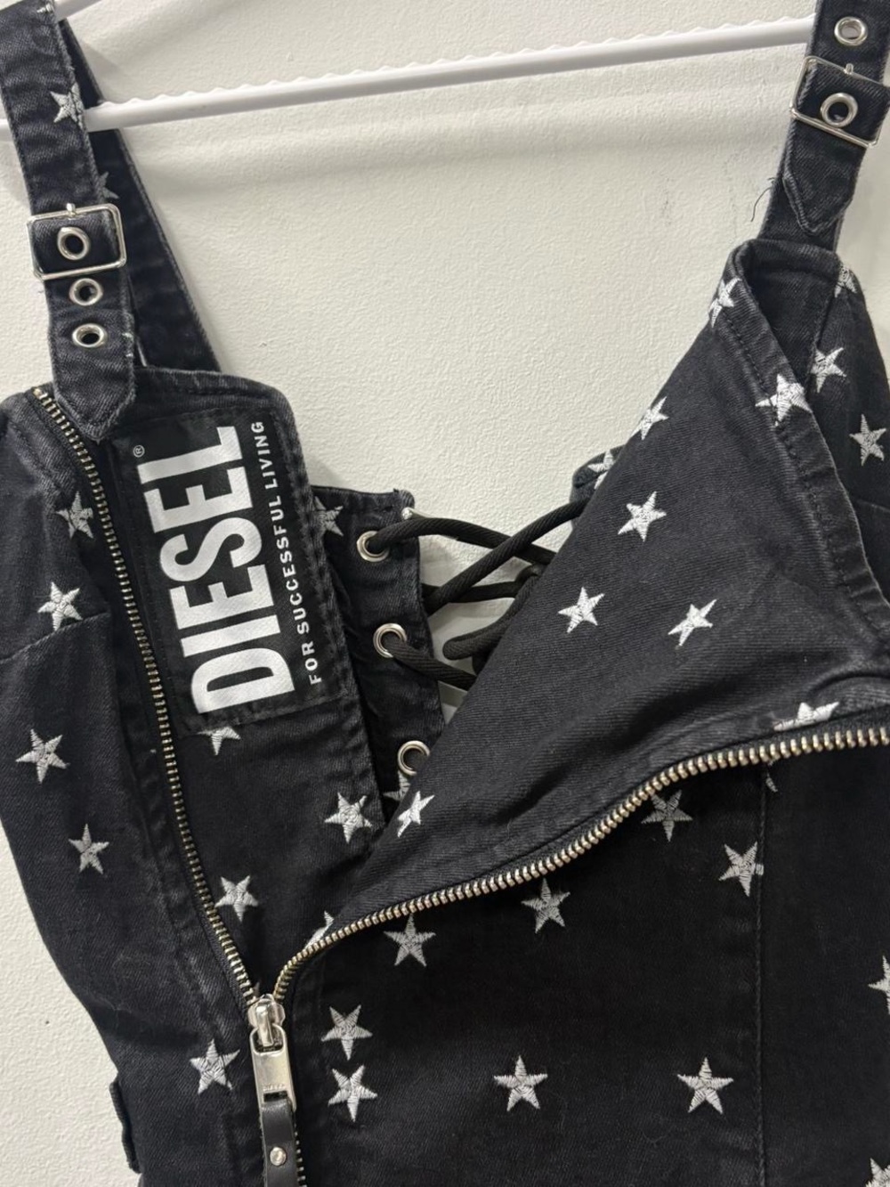 Black Star-Print denim Dress with Asymmetric Zip - Picture 7 of 8